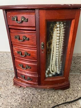 CherryWood 5 Drawer Vintage Jewelry Box with Glass Door